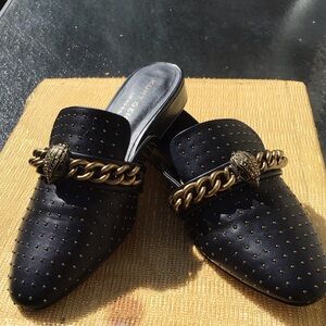 Kurt Geiger London Chelsea Black Mules with Gold Chain & Studs -Logo Eagle Head